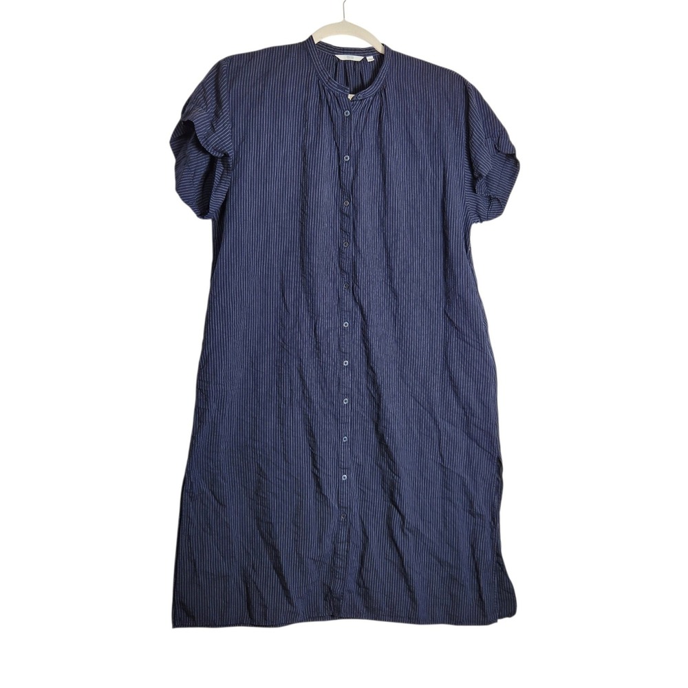 Uniqlo Navy Blue Pinstripe Linen Blend Button Down Midi Shirt Dress Large